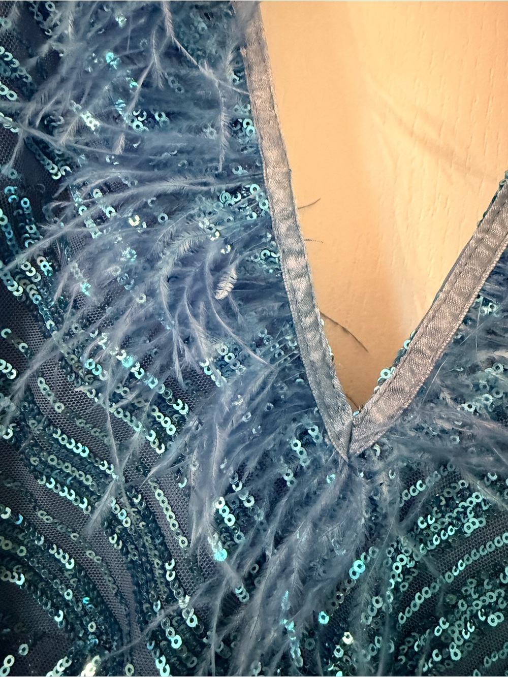 Blue Sequin V-Neck Evening Gown with Feather Trim-worn once - Picture 4 of 7